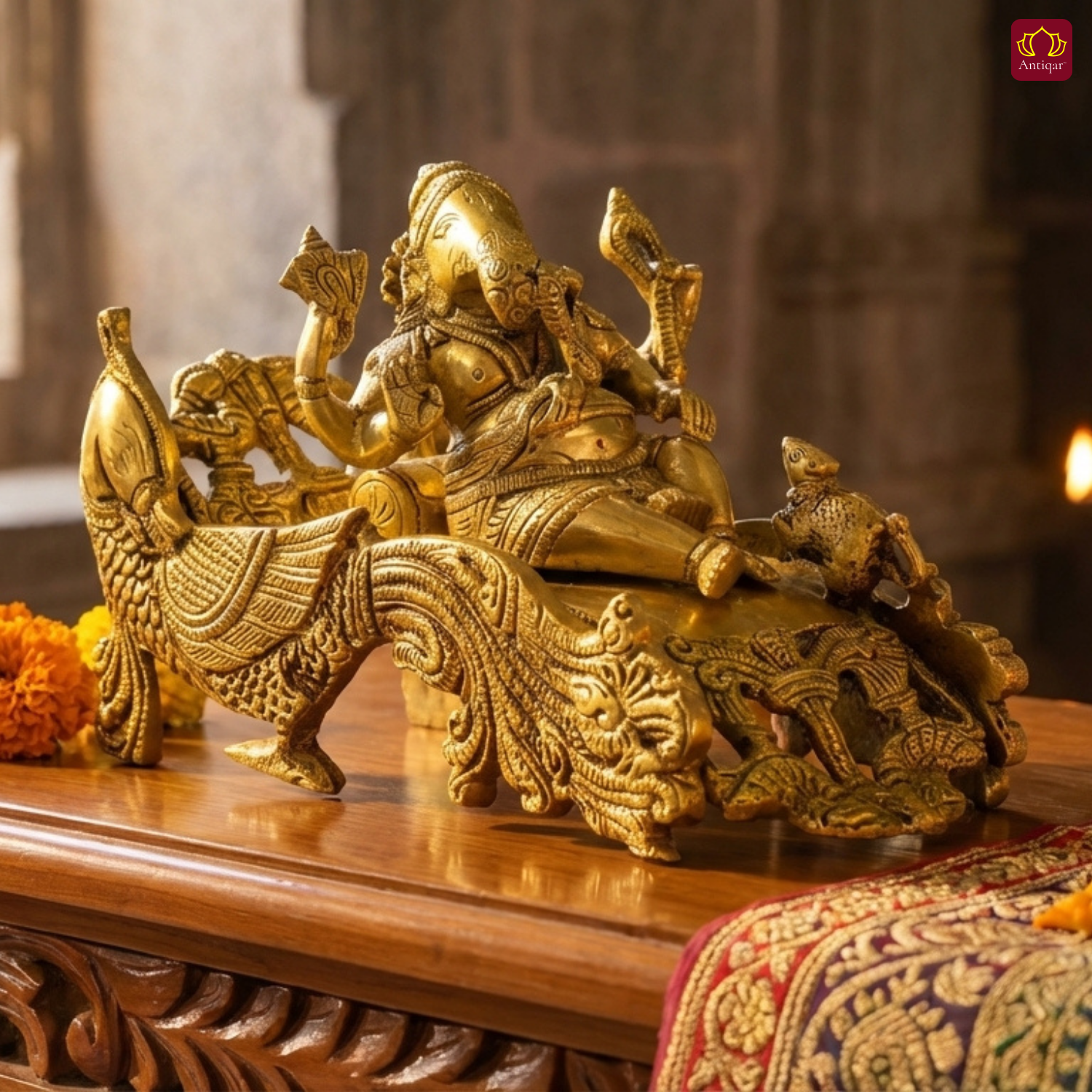 Brass Ganesh Ji Idol – 12 cm | Sitting on Peacock-Carved Singhasan with Ornate Backrest | Antique Golden Finish | Handcrafted Spiritual Decor for Temple, Home & Table