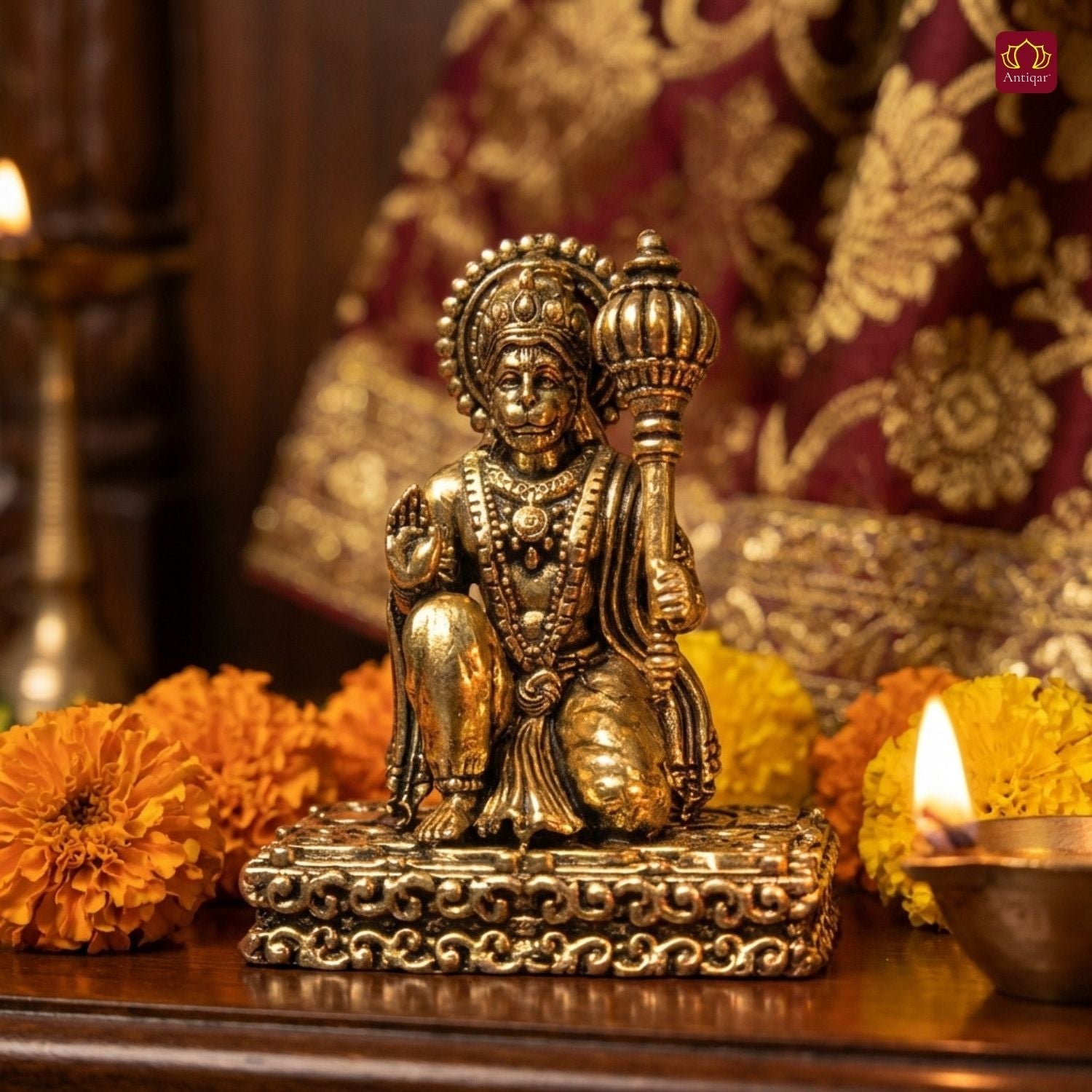 Brass Vintage Base Sitting Hanuman Ji Idol – 6.5cm | Antique Finish | Spiritual Idol for Temple, Home & Car Dashboard Decor