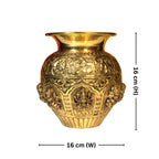 Brass Ashta Lakshmi Kalash - 16cm | Antique Yellow Finish | Spritual use for Pooja, Temple & Festival Decor