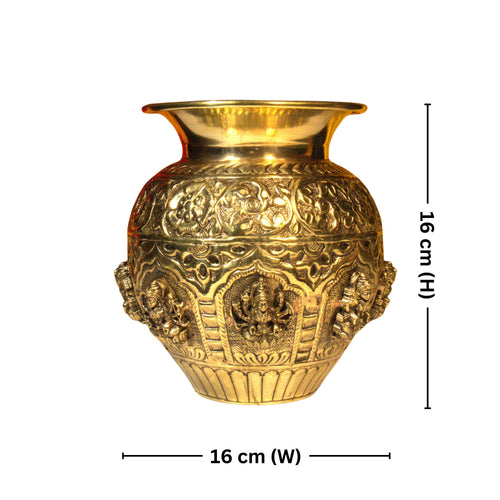 Brass Ashta Lakshmi Kalash - 16cm | Antique Yellow Finish | Spritual use for Pooja, Temple & Festival Decor
