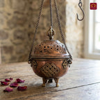 Tibetan Copper Hanging Incense Burner with Chain - 15cm | Antique Brown Finish | Suspended Vessel use for Prayers & Meditation