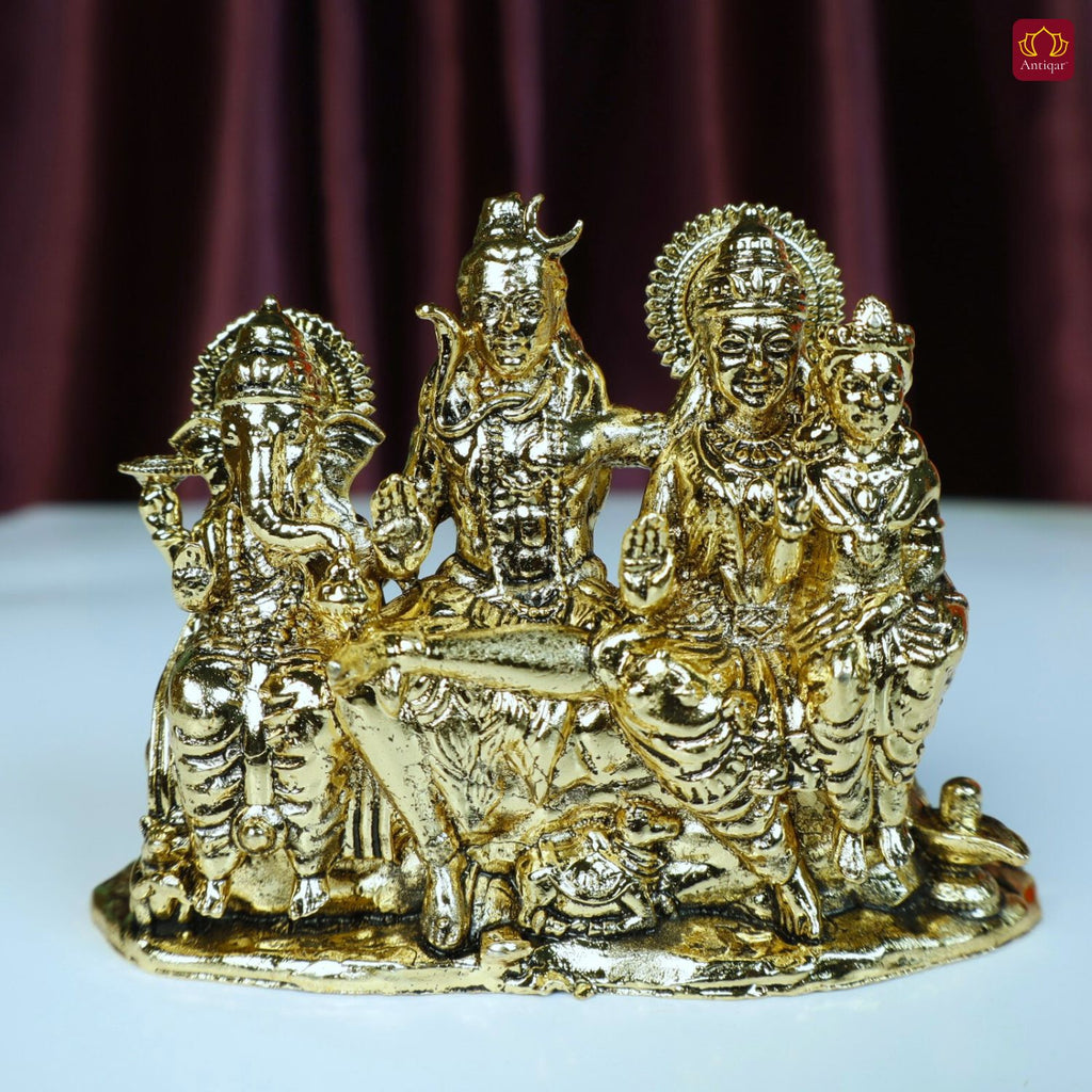 Brass Shiv Parivar Idol - 6.5cm | Golden Finish | Spiritual Idol for Temple & Home Decor