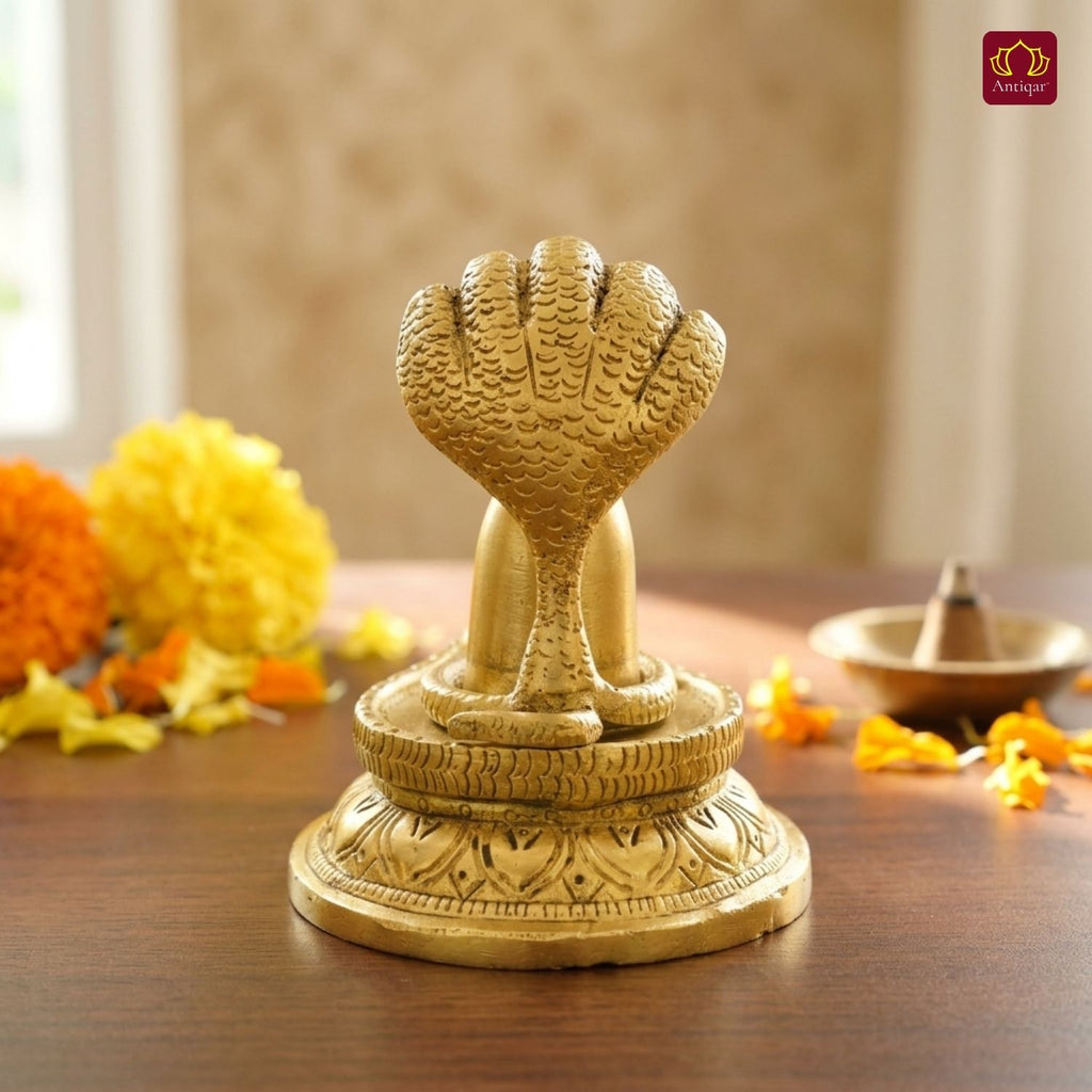 Brass Shivling with Detachable Sheshnaag – 10 cm | Antique Golden Finish | Handcrafted Spiritual Idol for Temple, Home & Car Dashboard Decor