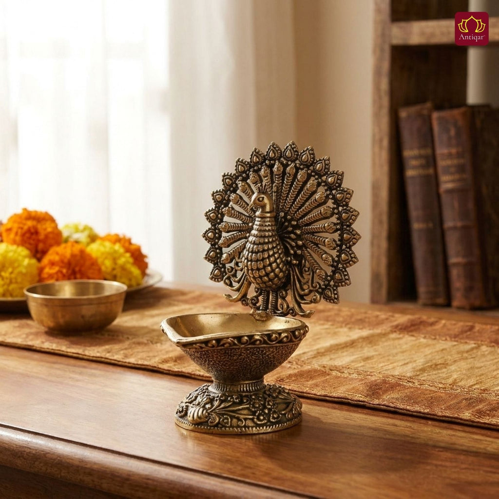 Brass Dancing Peacock on Diya - 7.5cm | Antique Finish | Spritual use for Pooja, Temple & Festival Decor