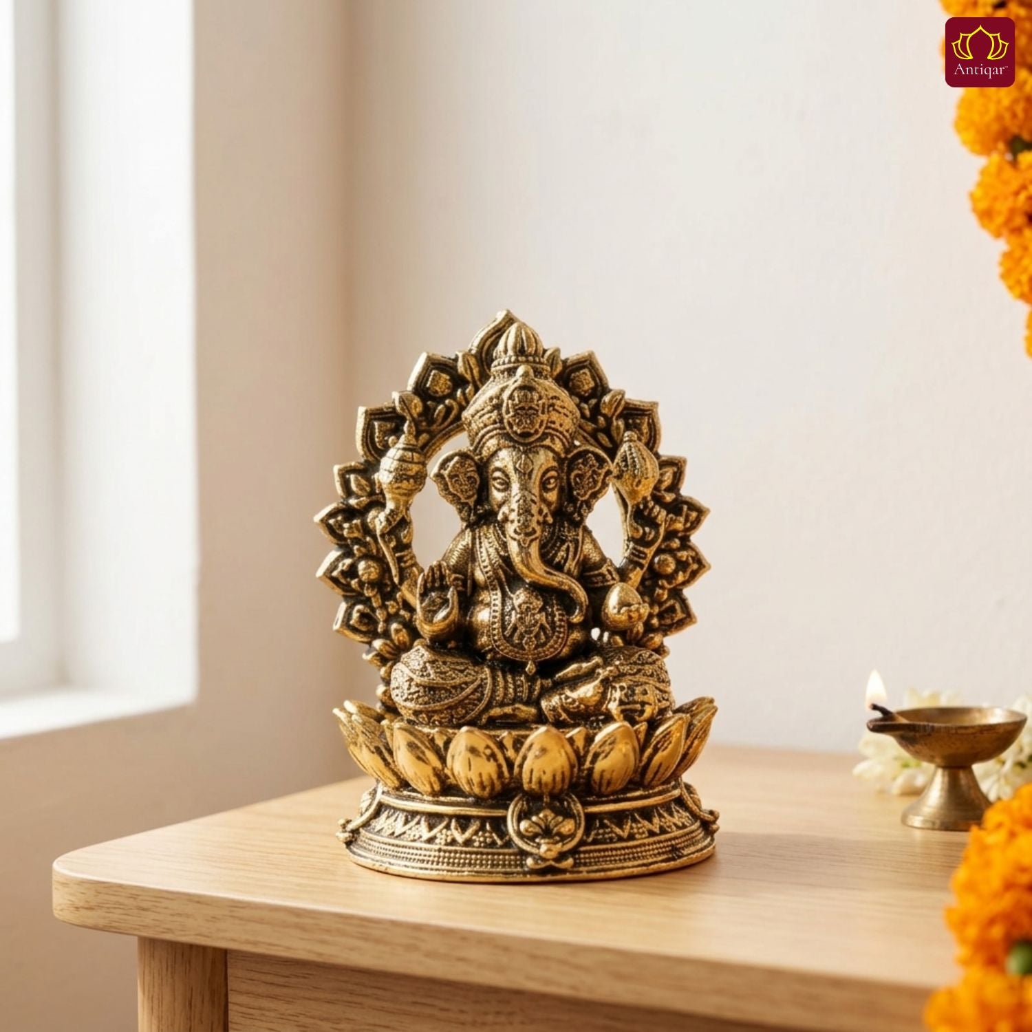 Brass Ganesh JI Idol - 4cm | Golden Finish | Spiritual Decor for Temple, Home & Car Dashboard