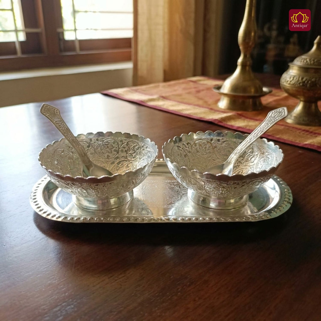 Royal Dry Fruit & Paan Dan Serving Set | Silver Plated | Red Velvet Box | Set of 5 | Handcrafted Artistry | Festive & Decorative Showpiece