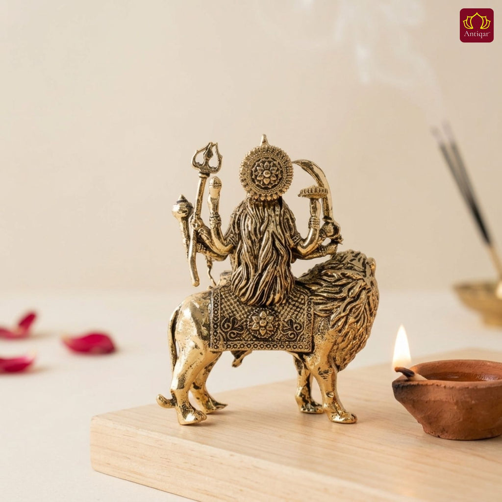 Brass Sherawali Maa Idol - 5.5cm | Sitting on Lion | Golden Finish | Spiritual Idol for Temple & Home Decor