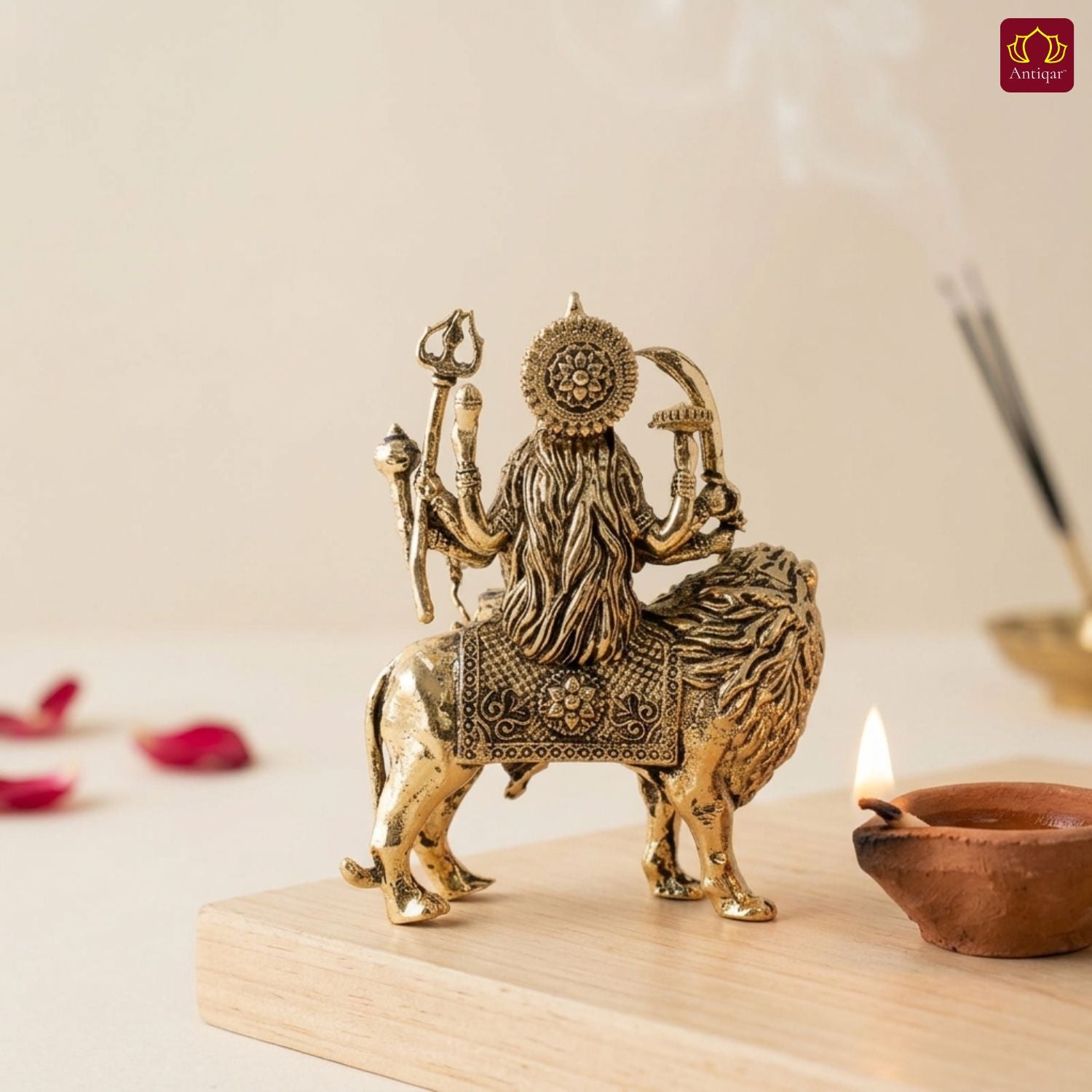 Brass Sherawali Maa Idol - 5.5cm | Sitting on Lion | Golden Finish | Spiritual Idol for Temple & Home Decor