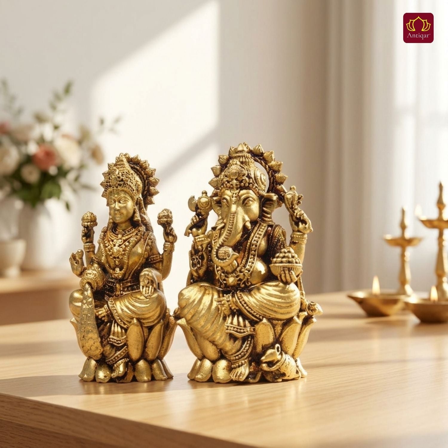 Brass Ganesh Laxmi pair Idol - 7.5cm | Antique Finish | Spiritual Idol for Temple & Home Decor