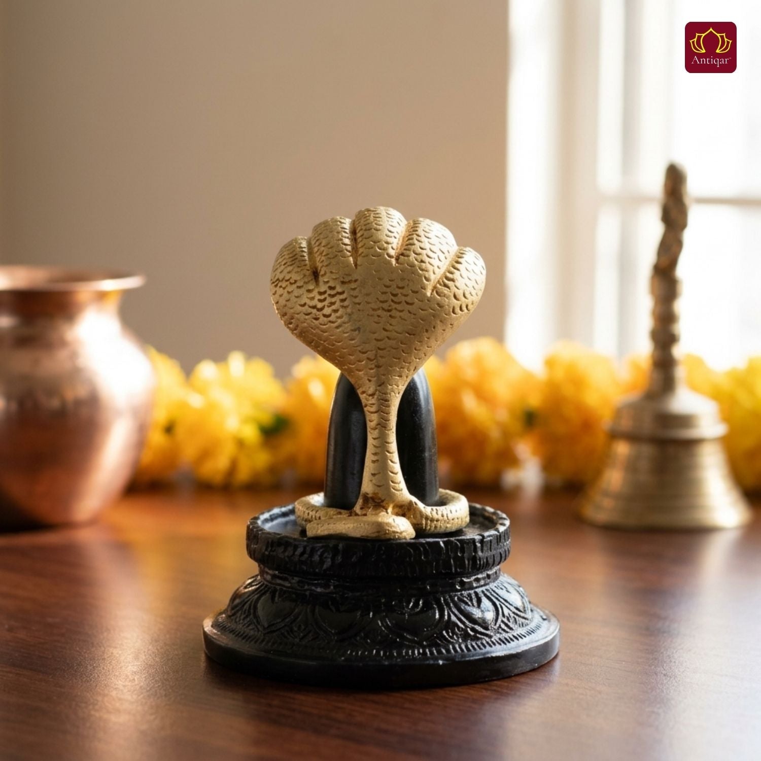 Brass Shivling with Detachable Sheshnaag – 10 cm | Black & Antique Golden Finish | Handcrafted Spiritual Idol for Temple, Home & Car Dashboard Decor