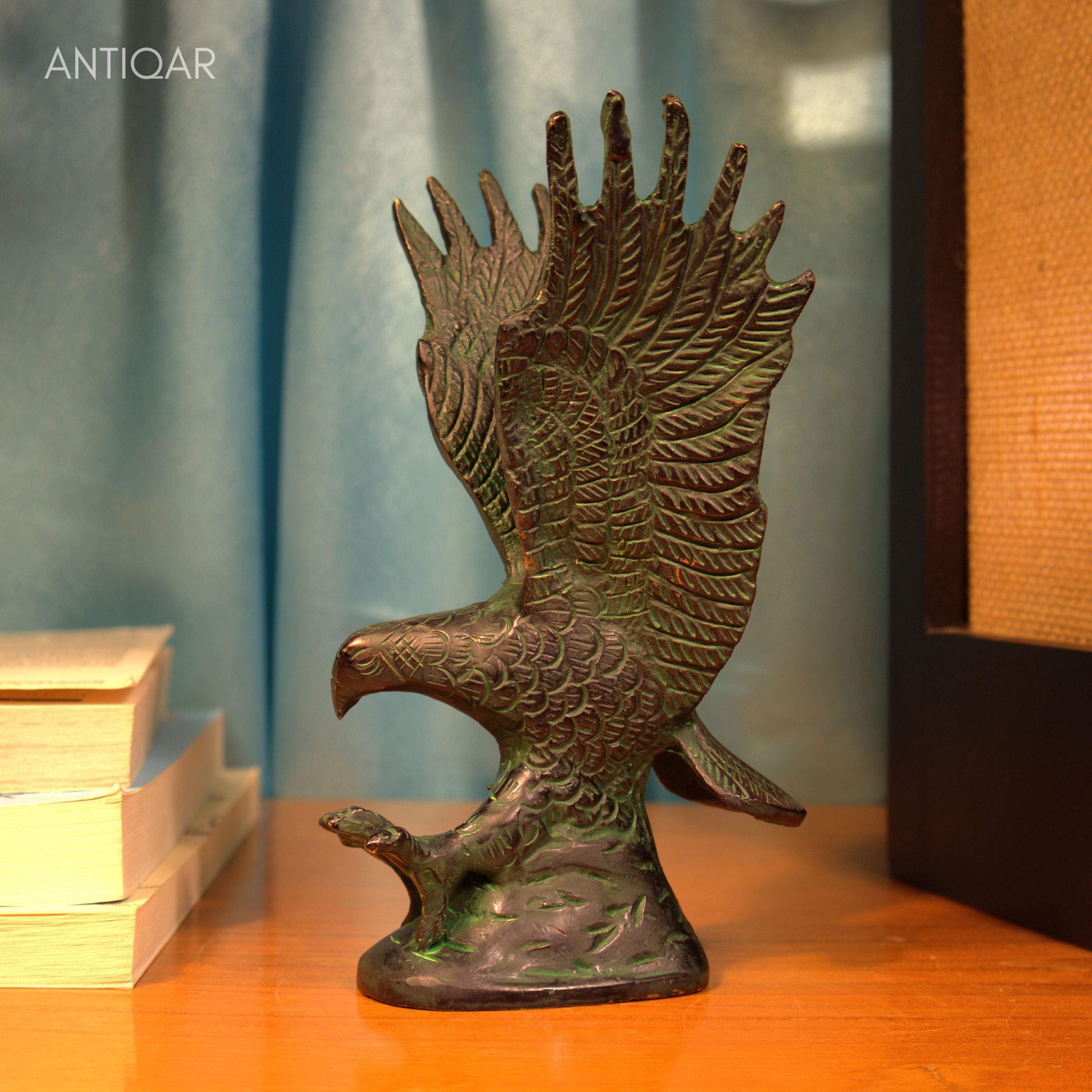 Brass Eagle with Upward Wing - 15.5cm | Green Patina Finish | Handcrafted Showpiece for Home Table Decor