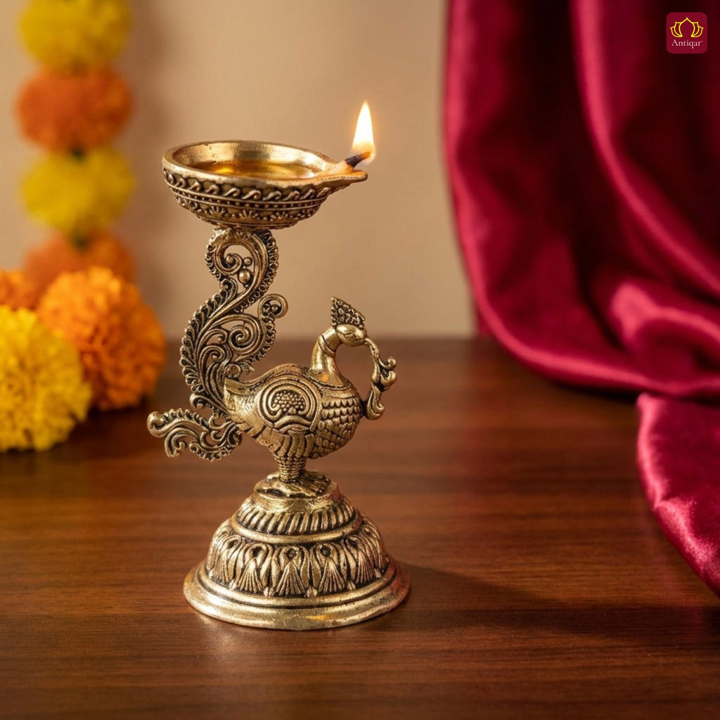 Brass Peacock Diya - 8cm | Antique Finish | Spritual use for Pooja, Temple & Festival Decor