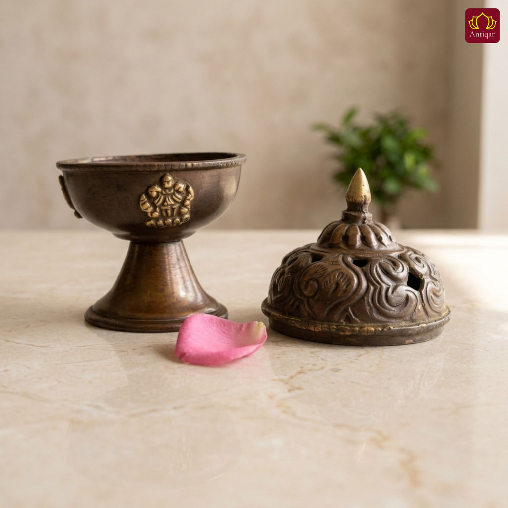 Antique Brass Tibetan Incense Burner - 11cm | Antique Patina Finish | Decorative Vessel use for Meditation , Rituals & Aromatherapy