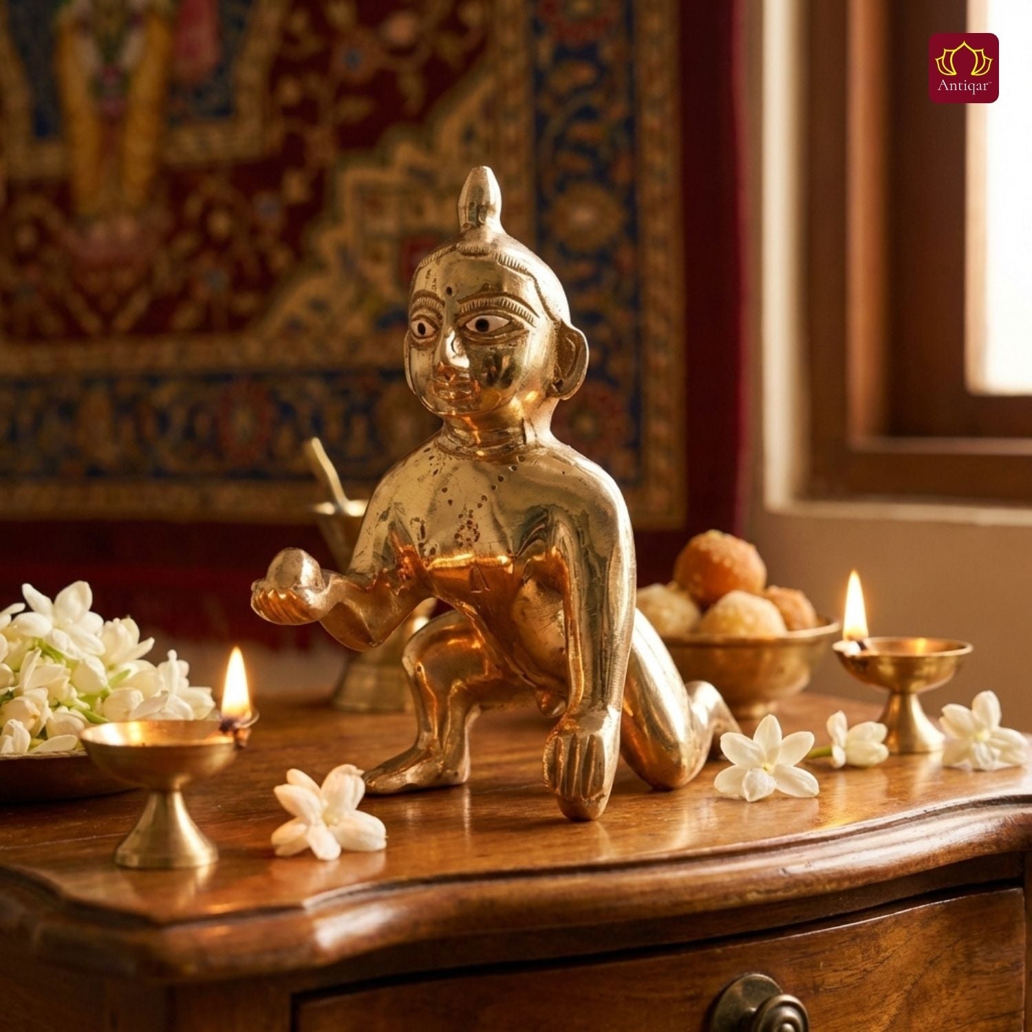 Handcrafted Laddu Gopal Brass Idol - 12cm | Superfine Finish | For Pooja, Temple & Car Dashboard Decor