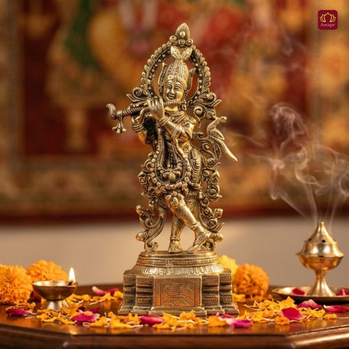 Antiqar Lord Krishna Playing Flute | Antique Brass Statue | Handcrafted Artwork | Home & Office Décor | Ideal for Gifting & Spiritual Blessings