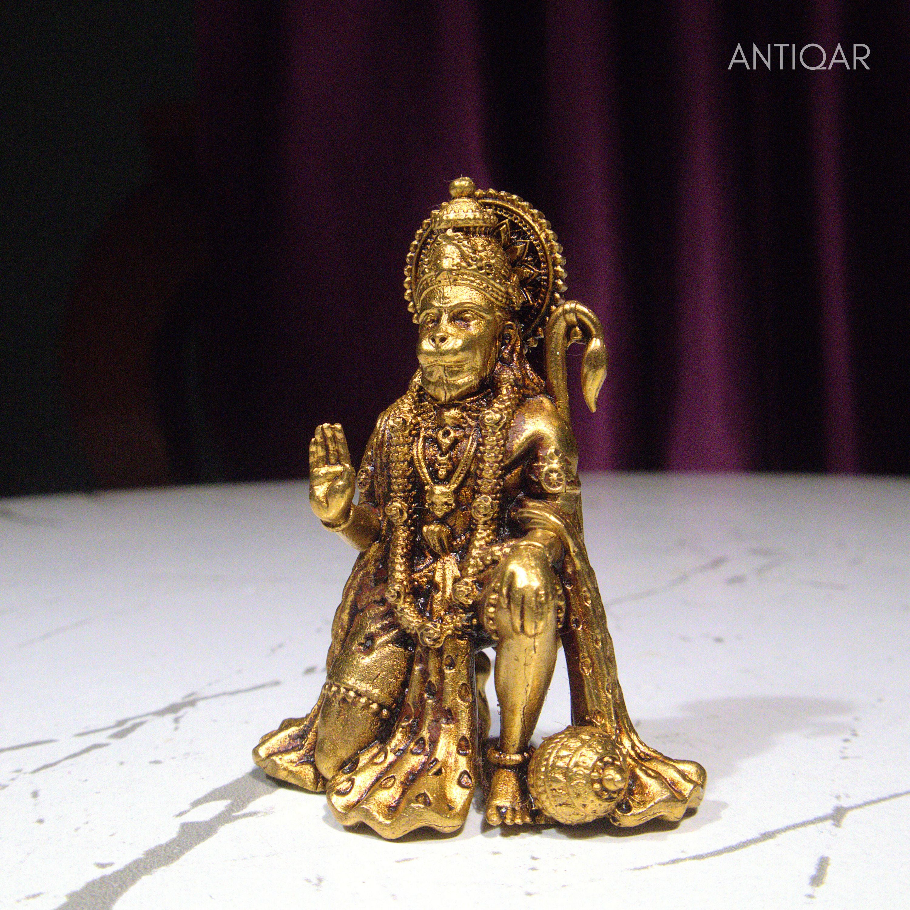 Brass Vintage Base Sitting Hanuman Ji Idol – 4cm | Antique Finish | Spiritual Idol for Temple, Home & Car Dashboard Decor