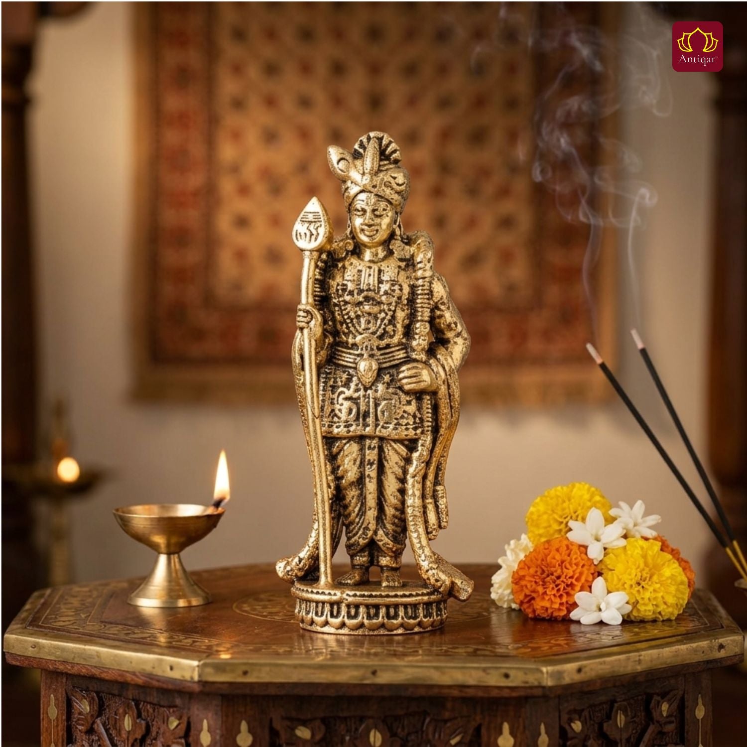Brass Lord Palani Murugan Ji Idol - 7.5cm | Golden Finish | Spritual use for Home, Temple & Car dashboard Decor