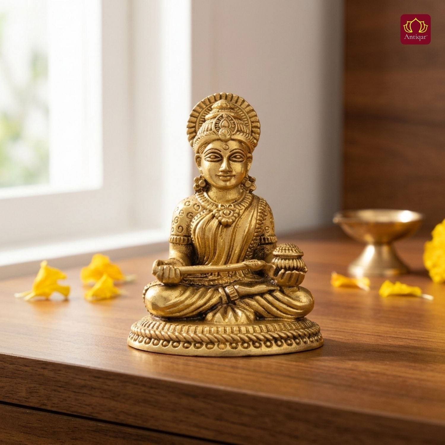 Brass Annapurna Devi Idol - 6cm | Antique Golden Finish | Spiritual Idol for Temple & Home Decor
