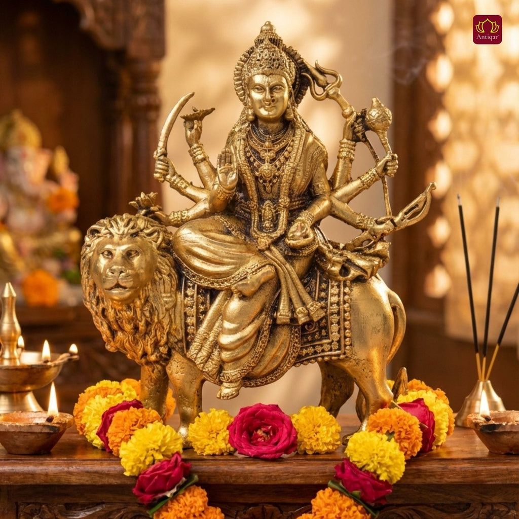 Brass Sherawali Maa Idol - 10cm | Sitting on Lion | Antique Golden Finish | Spiritual Idol for Temple & Home Decor