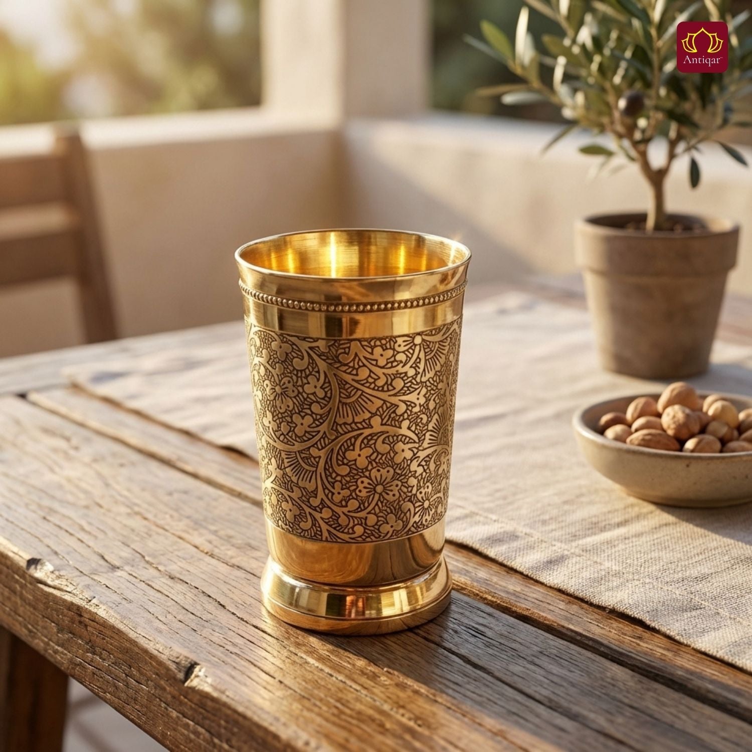 Brass Etching Design Glass - 10.5cm | Serve water & Milks | Antique Golden Finish | Traditional Mughlai Style use for serving in Kitchen, Festivals and Restaurents
