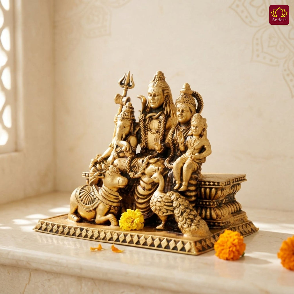 Brass Shiv Parivar Idol - 8cm | Antique Golden Finish | Spiritual Idol for Temple & Home Decor