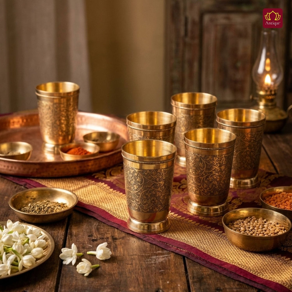 Brass Etching Design Glass - 10.5cm | Serve water & Milks | Antique Golden Finish | Traditional Mughlai Style use for serving in Kitchen, Festivals and Restaurents  (Pack of 6 set)