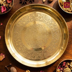 Brass Etching Design Plate - 2cm | Serve Main Course items in Lunch & Dinner | Antique Golden Finish | Traditional Mughlai Style use for serving in Kitchen, Festivals and Restaurents