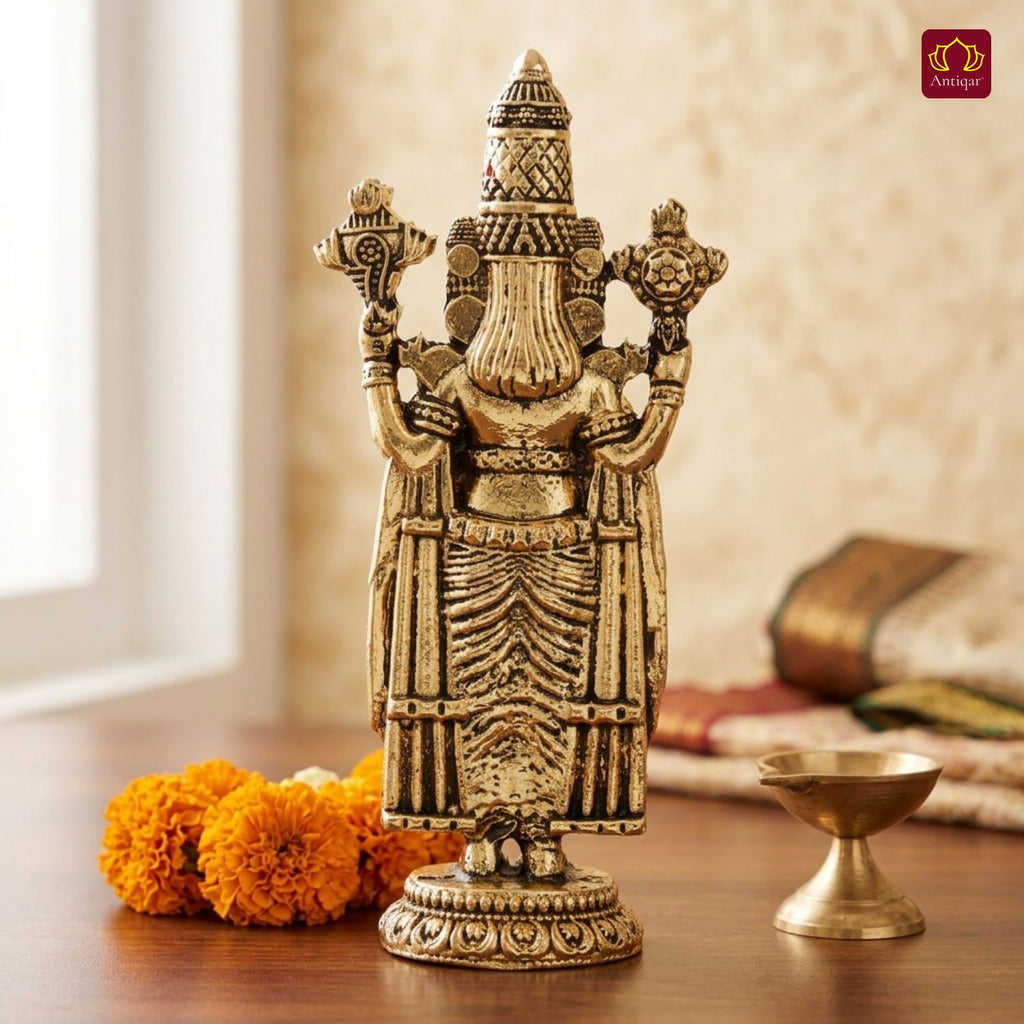 Brass Tirupathi Balaji Idol - 10cm | Golden Finish | Handcrafted Idol for Temple, Home & Car Dashboard