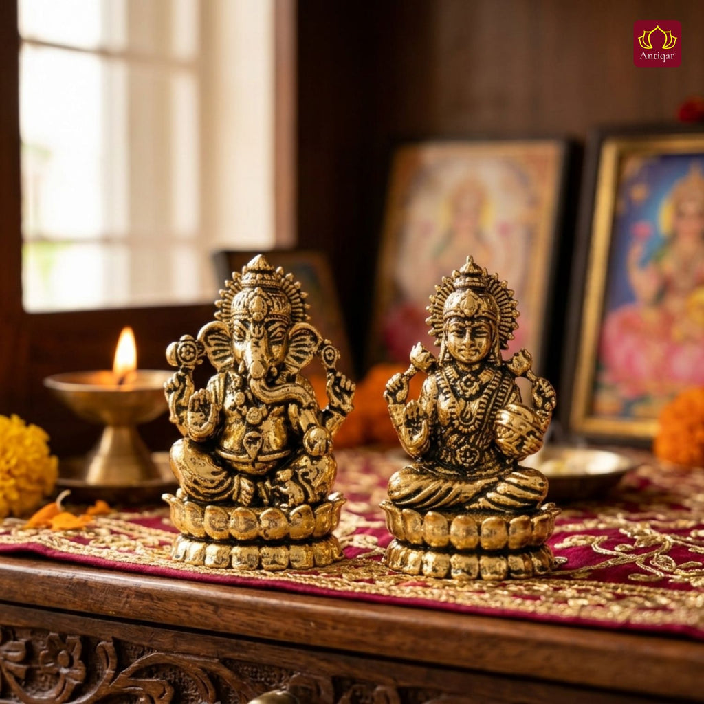 Brass Ganesh Laxmi Pair Idol - 4.5 cm | Golden Finish | Spiritual Idol for Temple & Home Decor