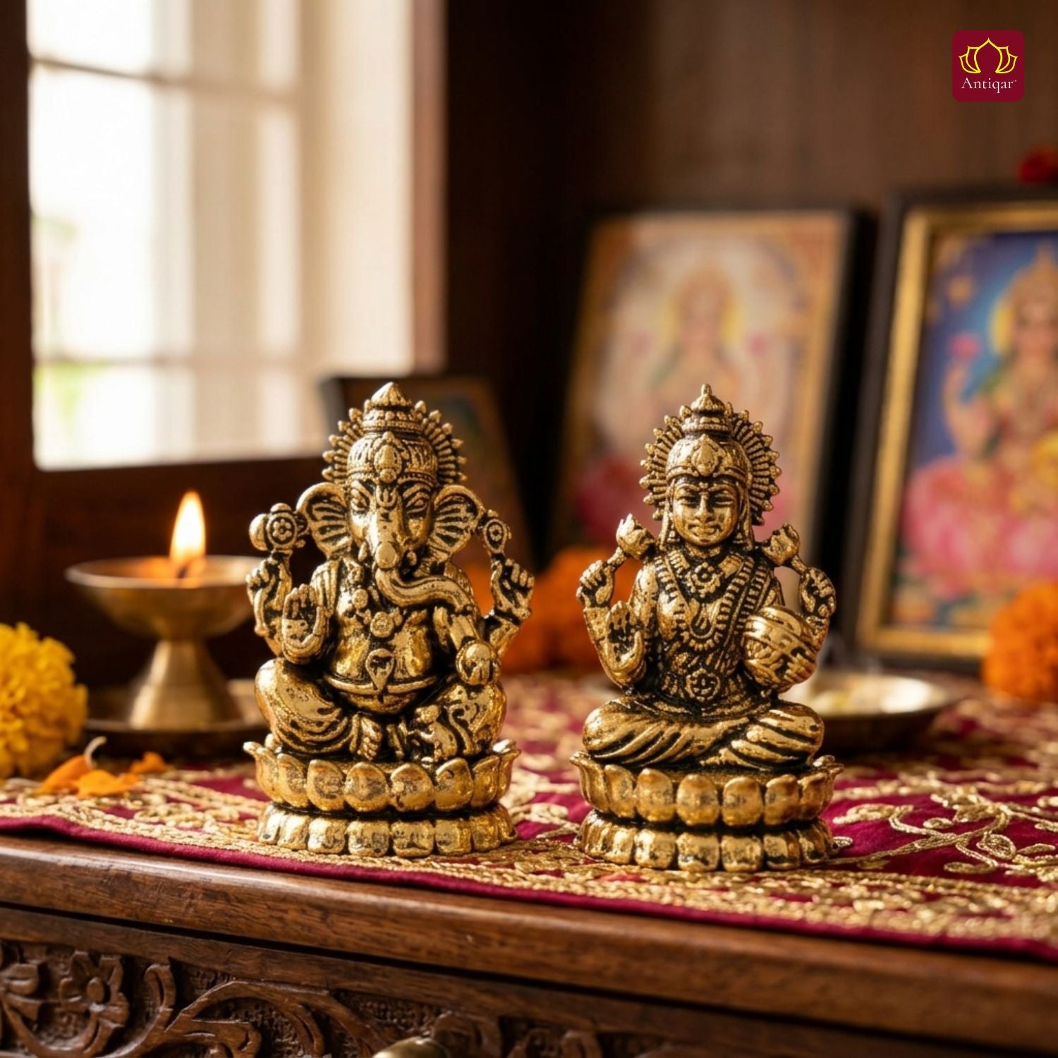 Brass Ganesh Laxmi Pair Idol - 4.5 cm | Golden Finish | Spiritual Idol for Temple & Home Decor