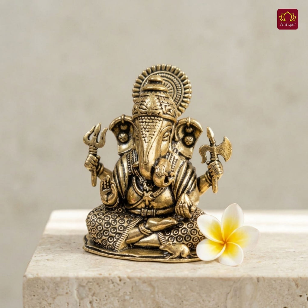 Brass Ganesh Idol - 5.5cm | Antique Finish | Spritual use for Home, Temple & Car dashboard Decor