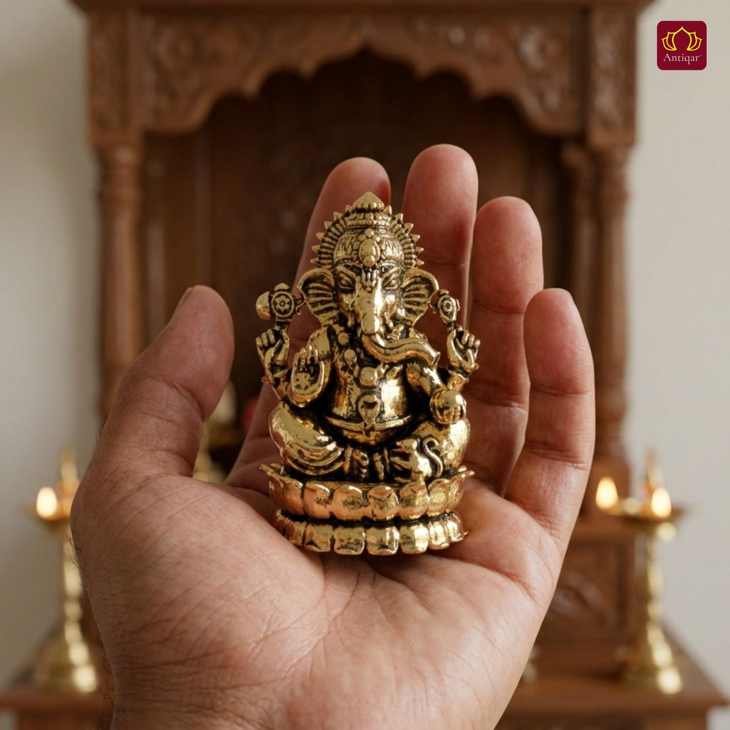 Brass Ganesh JI Idol - 4.5cm | Golden Finish | Spiritual Decor for Temple, Home & Car Dashboard