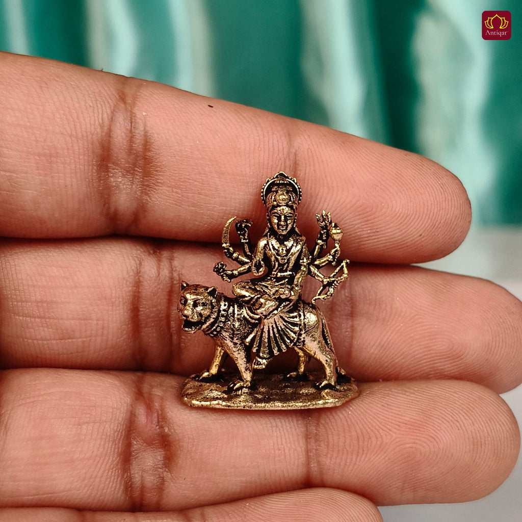 Brass Miniature Sherawali Maa Idol - 2.5cm | Antique Finish | Spritual use for Home, Temple & Car Dashboard Decor