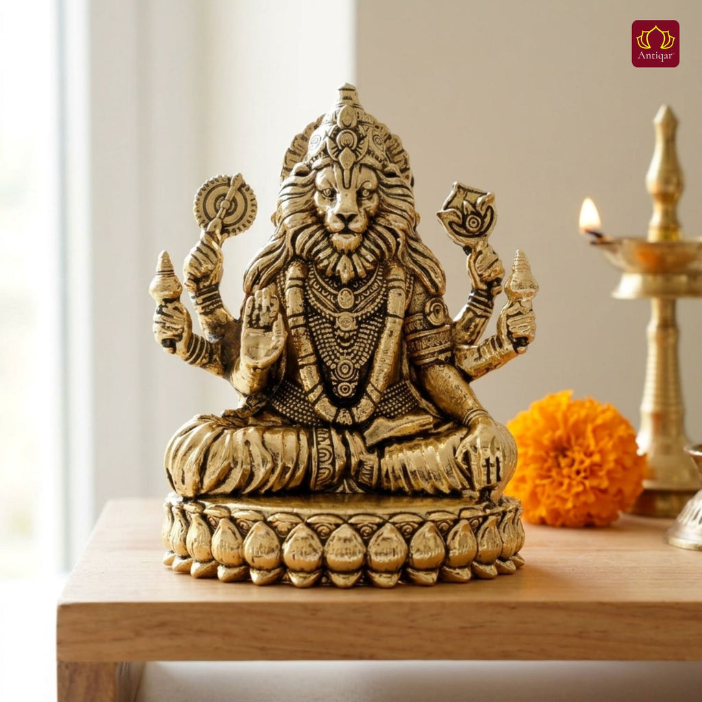 Brass Narsimha Ji Idol - 5cm  | Golden Finish | Spiritual Idol for Home, Office, Workshop, Temple & Car Dashboard Decor
