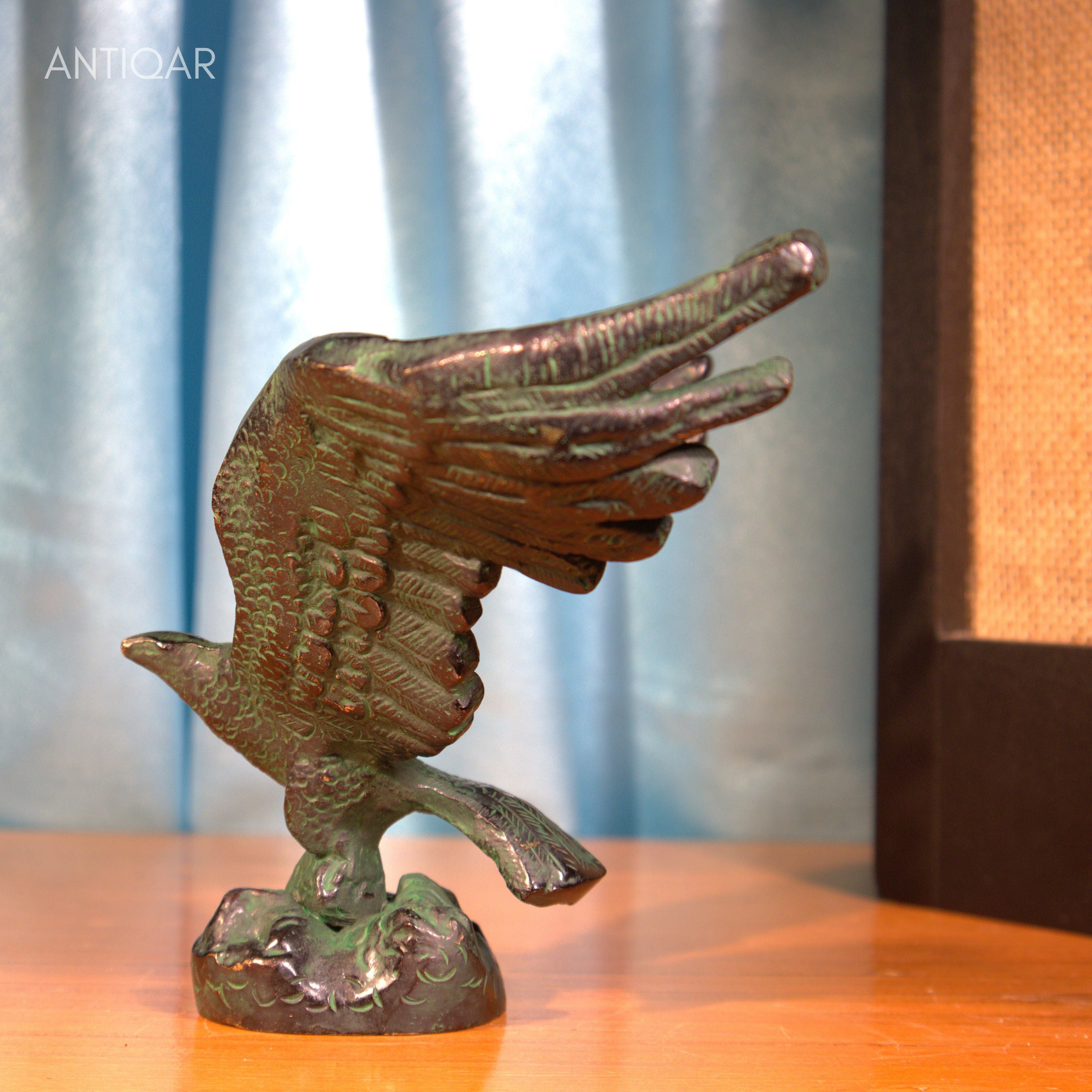 Brass Eagle with Spread Wing - 12cm | Black Green Patina Finish | Handcrafted Showpiece for Home Table Decor