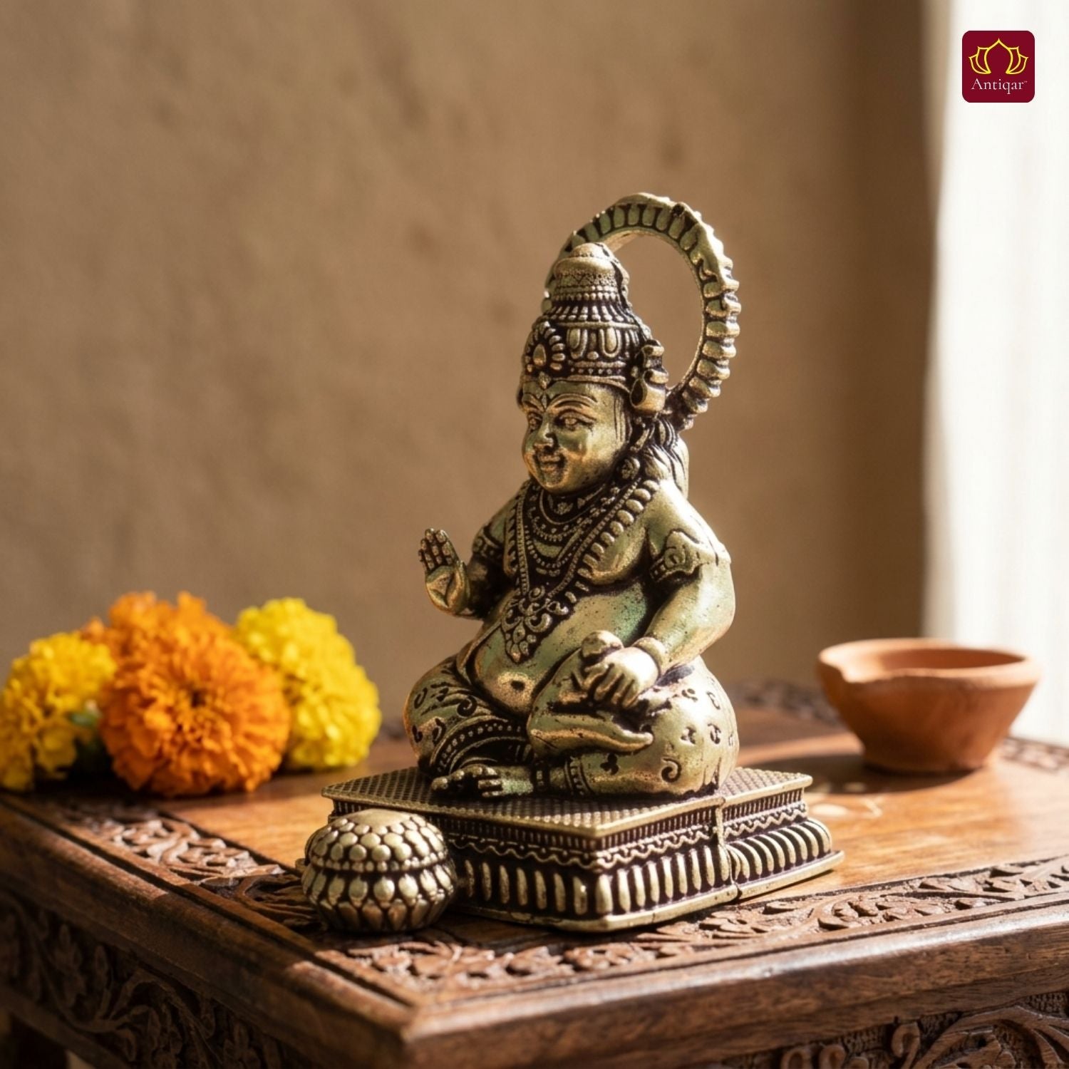 Brass Kuber Idol - 7.5cm | Antique Finish | Handcrafted Decor for Temple, Home & Car Dashboard