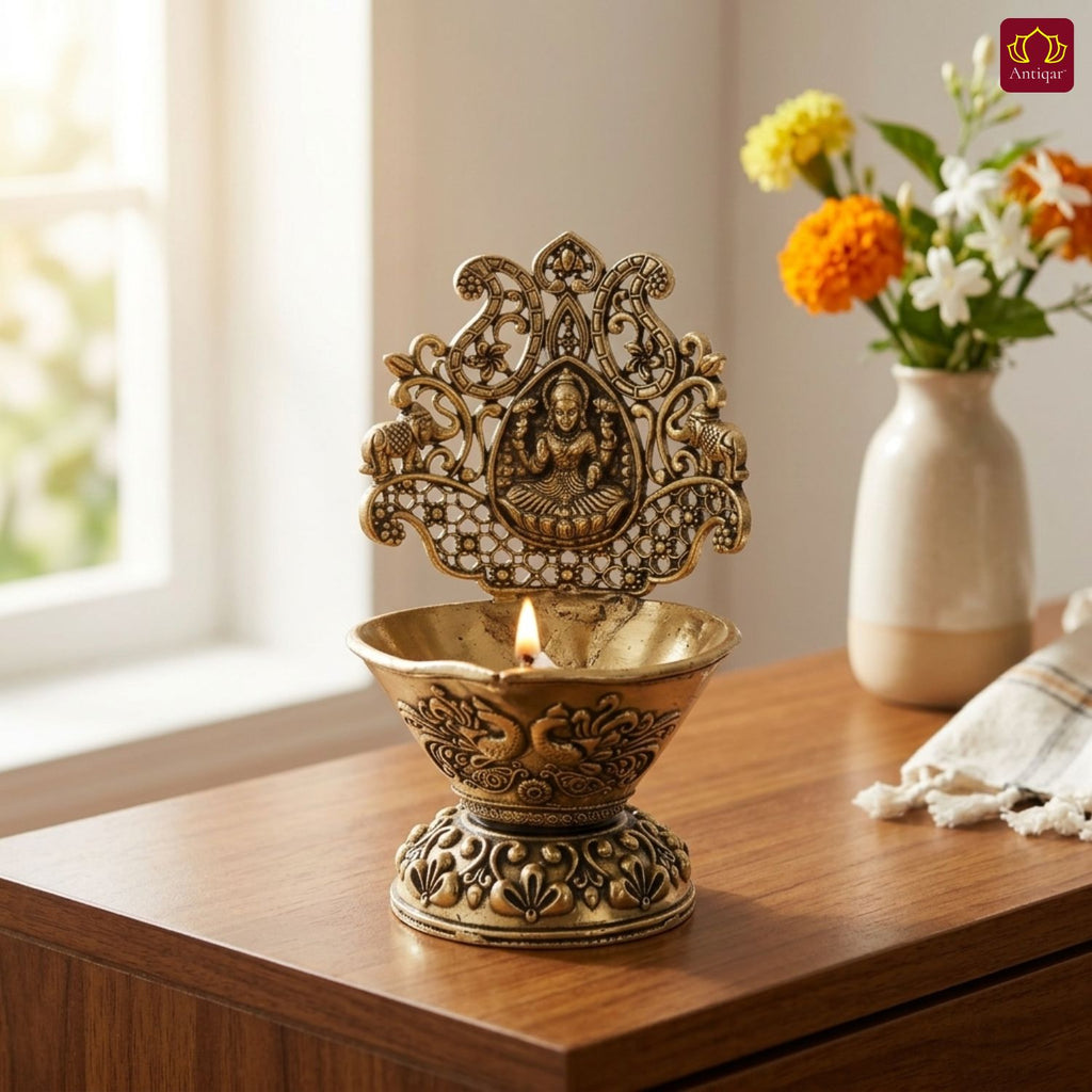 Brass Diya Laxmi Design - 10cm | Antique Finish | Spritual use for Pooja, Temple & Festival Decor