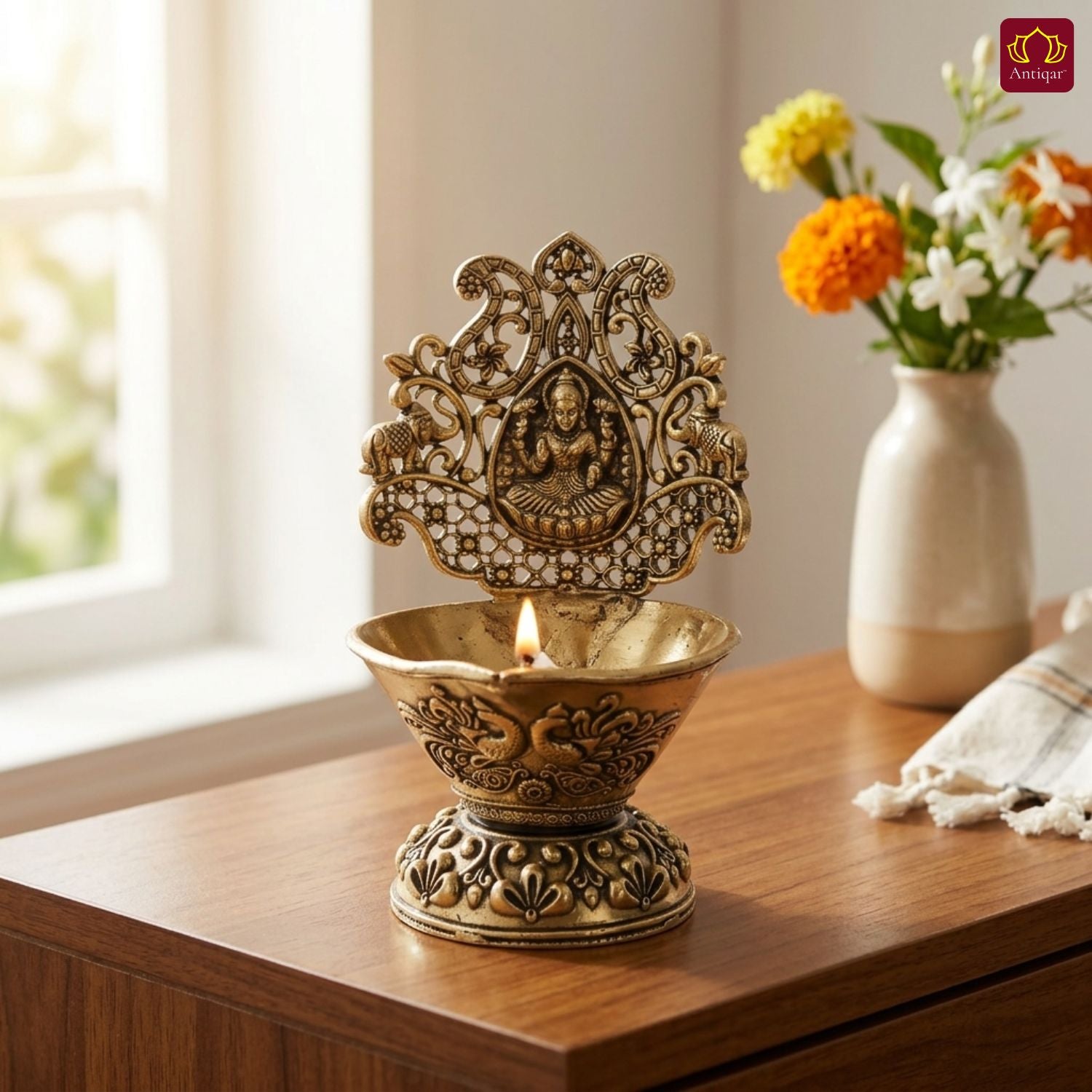 Brass Diya Laxmi Design - 10cm | Antique Finish | Spritual use for Pooja, Temple & Festival Decor