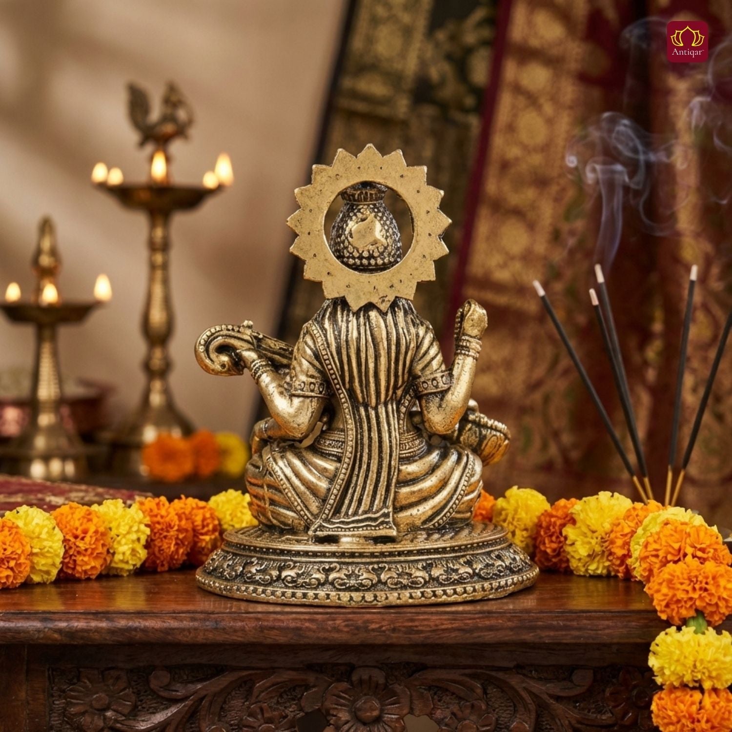 Brass Saraswati Idol - 6.5cm | Antique Finish | Spritual use for Home,Temple & Car Dashboard Decor
