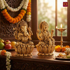 Brass Ganesh Laxmi pair Idol - 7.5cm| Sitting on Lotus | Antique Golden Finish | Spiritual Decor for Temple, Home & Car Dashboard