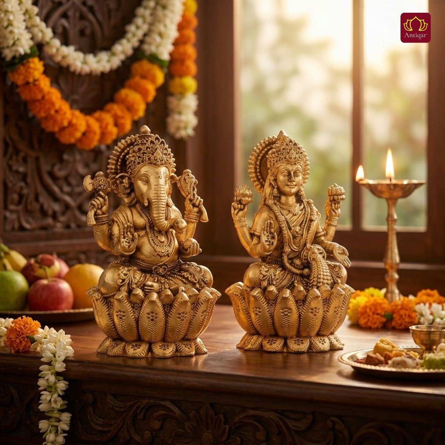 Brass Ganesh Laxmi pair Idol - 7.5cm| Sitting on Lotus | Antique Golden Finish | Spiritual Decor for Temple, Home & Car Dashboard