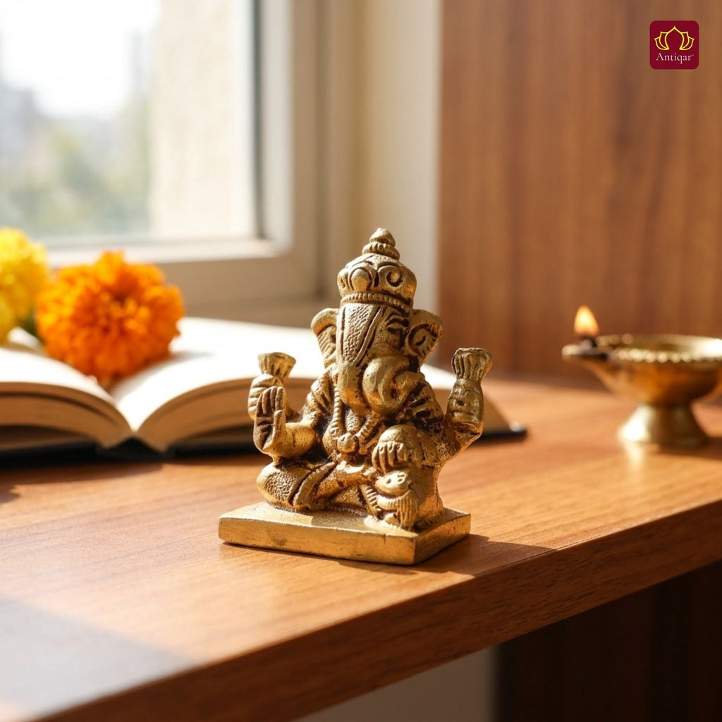 Brass Ganesh Ji Idol – 6 cm | Sitting Position | Antique Golden Finish | Handcrafted Decor for Temple, Home & Festival Use