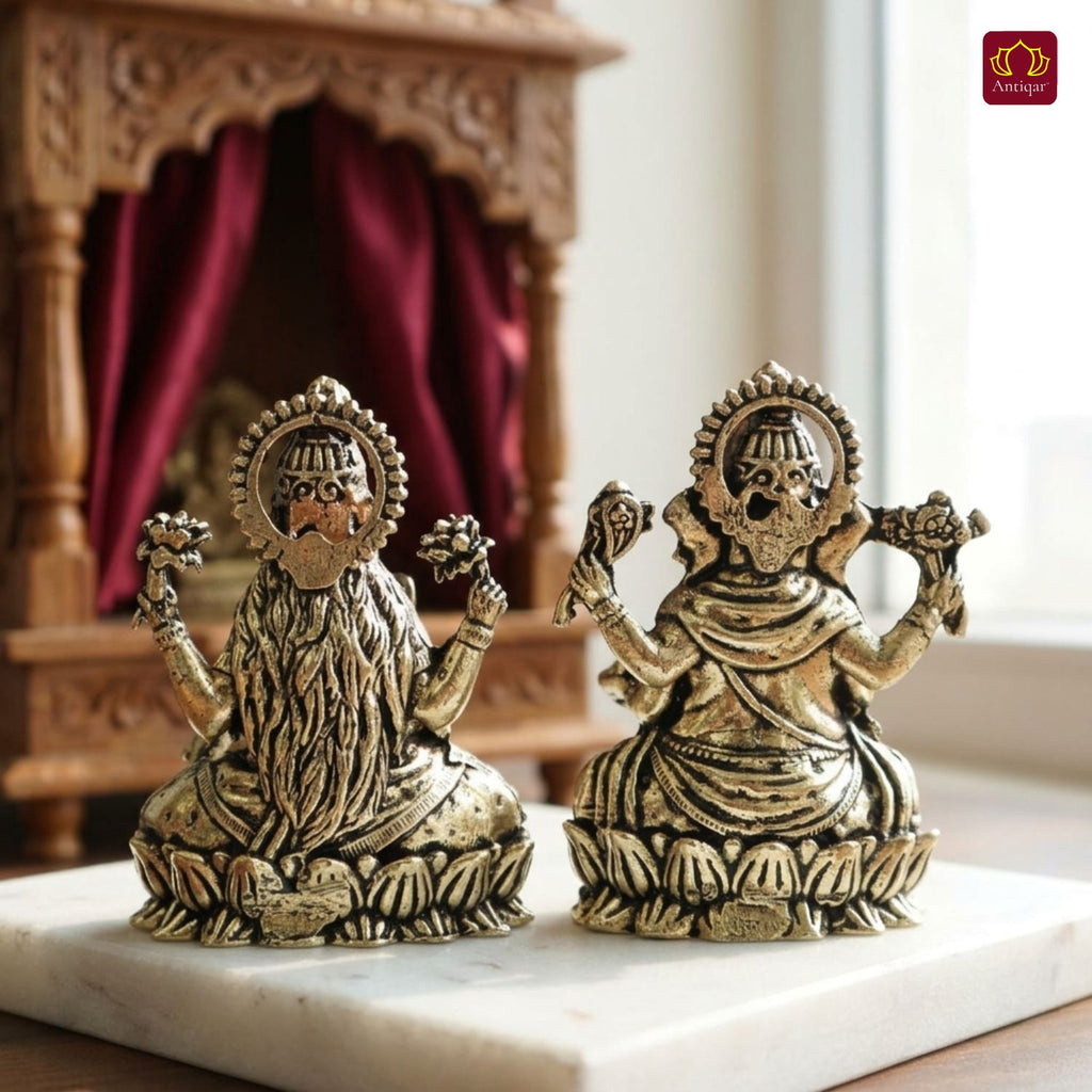 Brass Ganesh Laxmi pair Idol - 5cm| Sitting on Lotus | Antique Finish | Spiritual Decor for Temple, Home & Car Dashboard