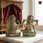 Brass Ganesh Laxmi pair Idol - 5cm| Sitting on Lotus | Antique Finish | Spiritual Decor for Temple, Home & Car Dashboard