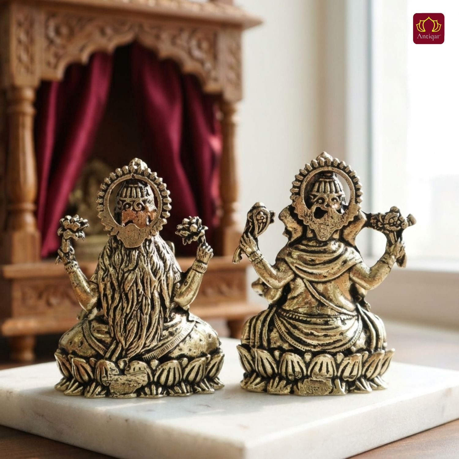 Brass Ganesh Laxmi pair Idol - 5cm| Sitting on Lotus | Antique Finish | Spiritual Decor for Temple, Home & Car Dashboard