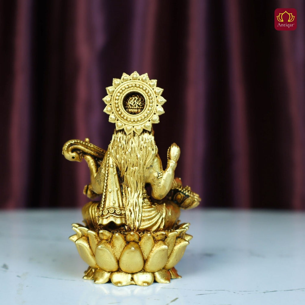 Brass Saraswati Ji Idol - 7.5cm | Antique Golden Finish | Spiritual Idol for Temple & Home Decor