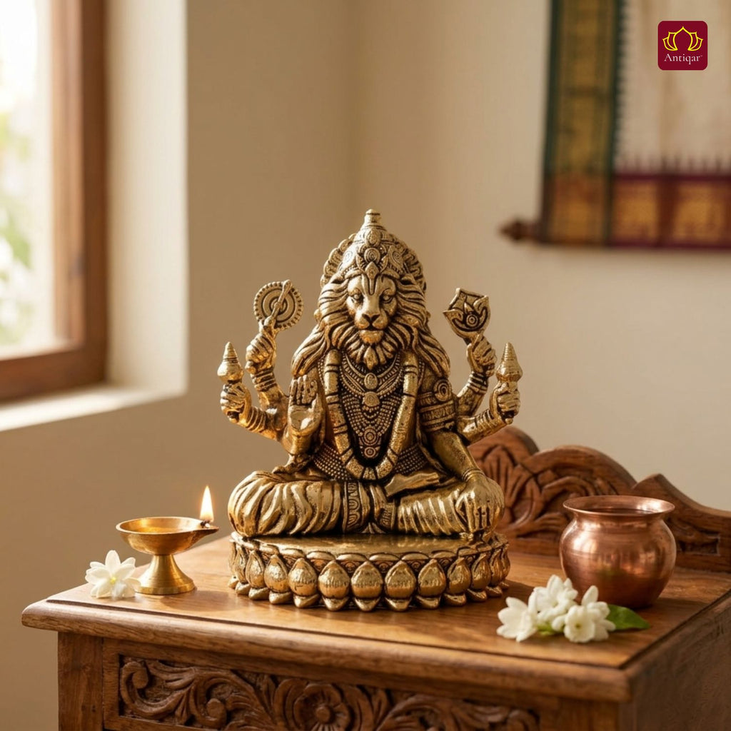 Brass Narsimha Ji Idol - 4.5cm  | Golden Finish | Spiritual Idol for Home, Office, Workshop, Temple & Car Dashboard Decor