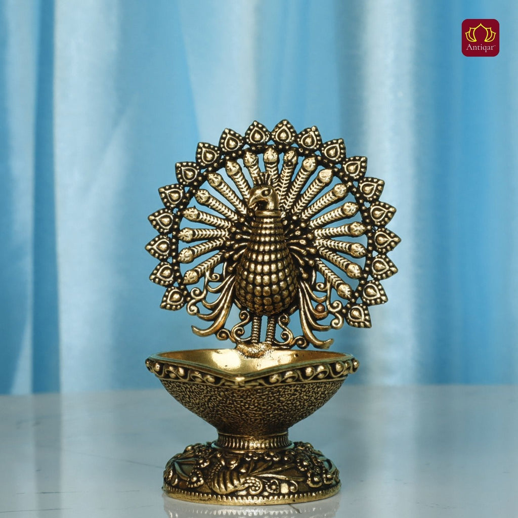 Brass Dancing Peacock on Diya - 7.5cm | Antique Finish | Spritual use for Pooja, Temple & Festival Decor