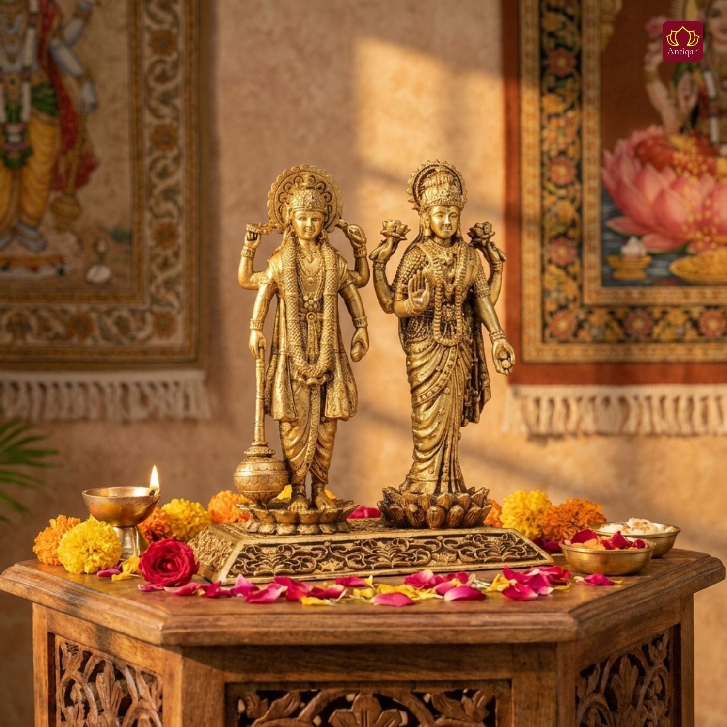 Brass Laxmi Narayan pair Idol - 8cm | Standing on Lotus | Antique Finish | Spiritual Idol for Temple & Home Decor