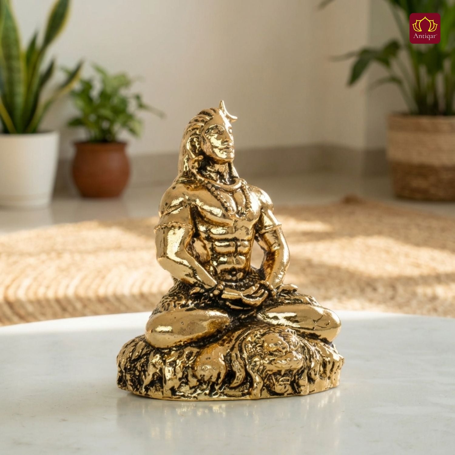 Brass Adiyogi Lord Shiva Idol - 5cm | Golden Finish | Spiritual Idol for Temple & Home Decor